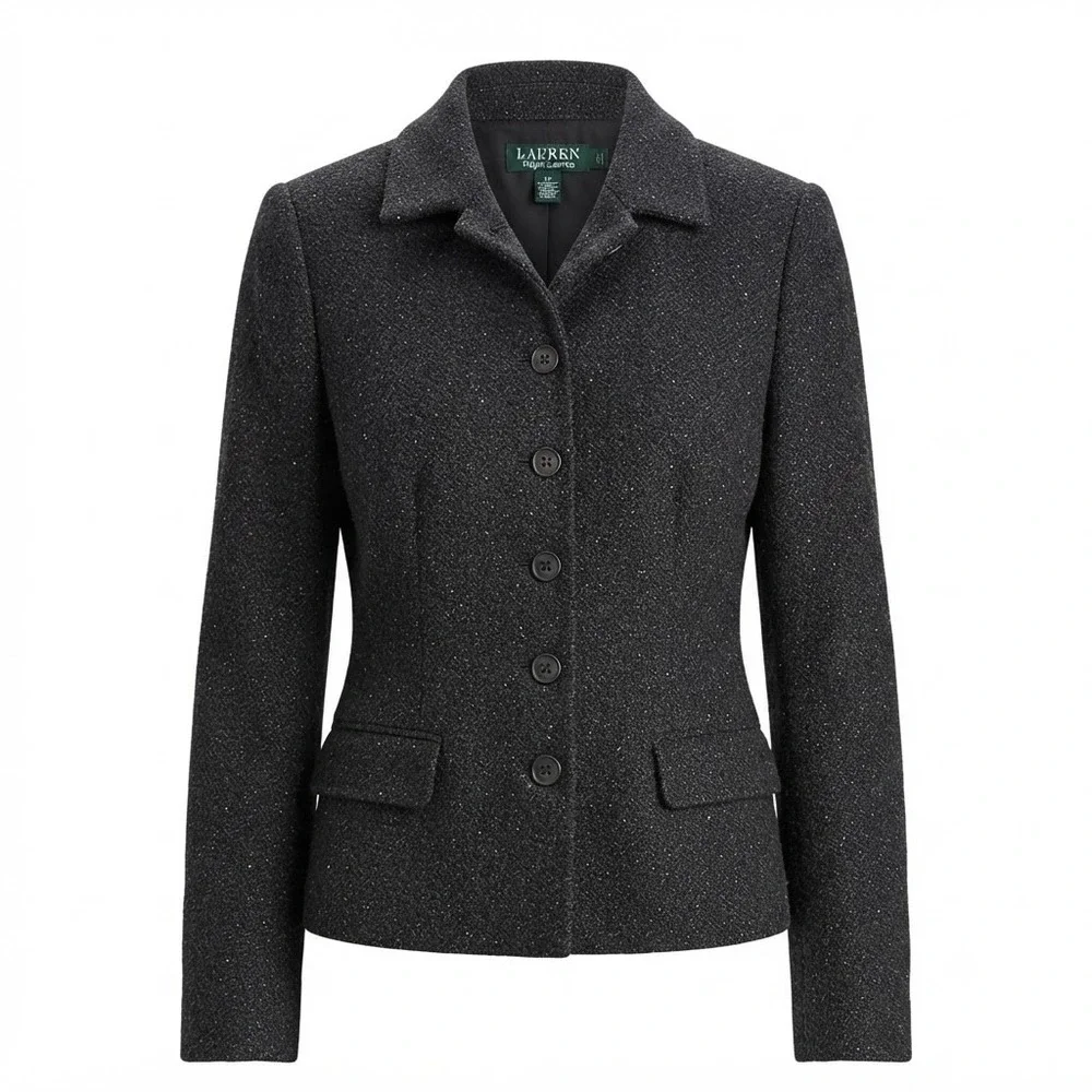 Lauren Ralph Lauren Womens 10 Dark Gray Wool Blend Button Up Blazer Jacket - IW